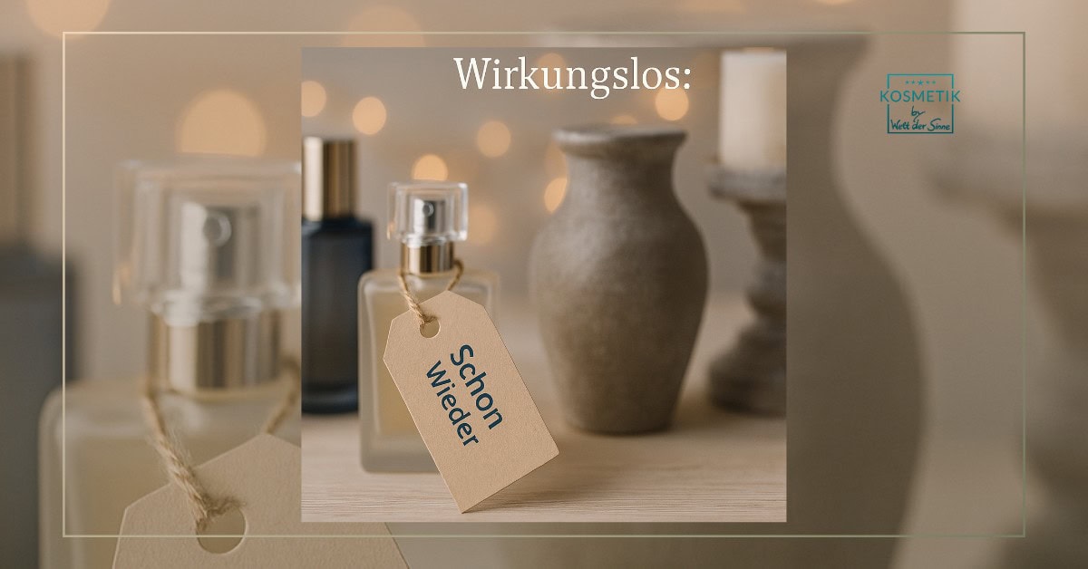 Mehrere Parfumflakons und eine Deko-Vase vor warmen Lichterpunkten, im Fokus ein Geschenkanhänger mit der Aufschrift „Schon wieder“ und dem Schriftzug „Wirkungslos“ darüber – Symbol für typische, wirkungslose Standard-Geschenkideen wie Parfum zu Weihnachten oder Geburtstag.