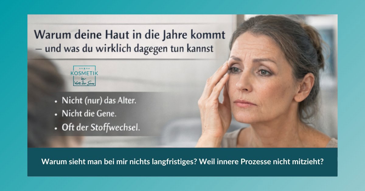 Geteiltes Gesicht: links müder Look mit Stichworten Stress/Schlafmangel/Mineralienmangel/Stau; rechts strahlender Look; Textoverlay: „Deine Haut ist ein Spiegel von innen“ und „Frisch & Lebendig“.