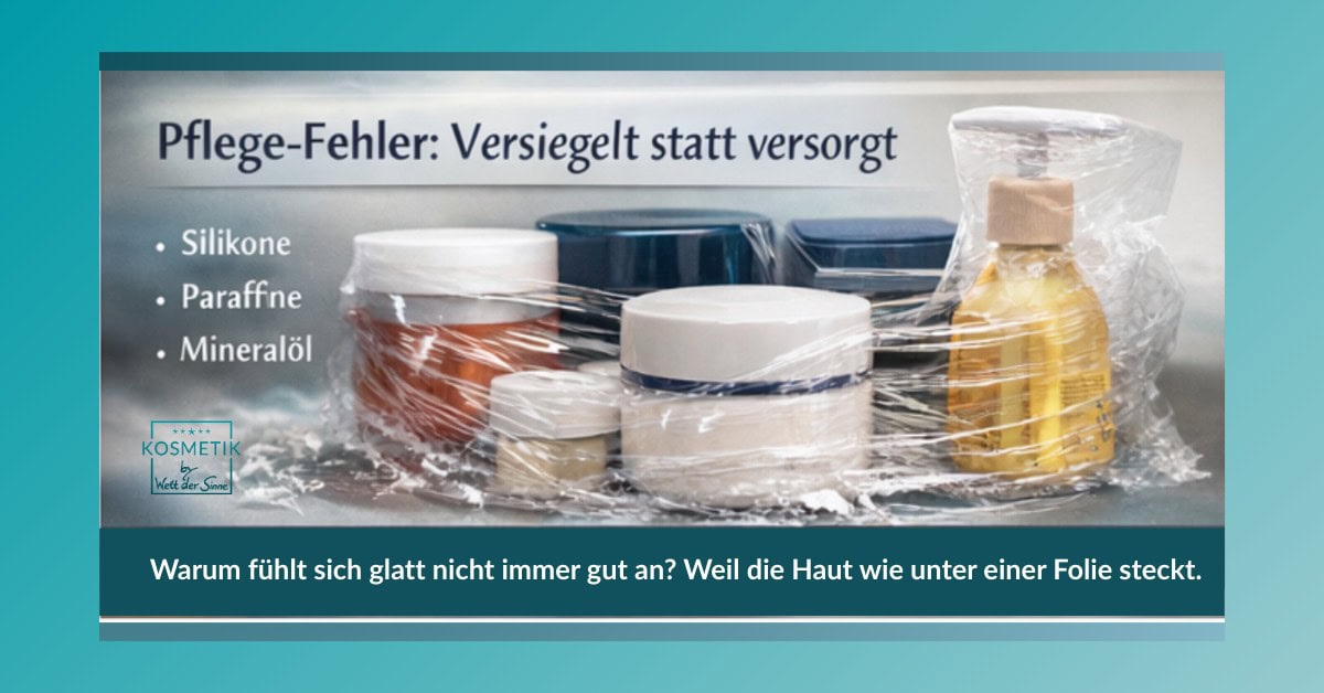 Kosmetik-Tiegel und Flaschen unter Plastikfolie; Textoverlay: „Pflege-Fehler: Versiegelt statt versorgt“ mit Stichpunkten „Silikone, Paraffine, Mineralöl“.