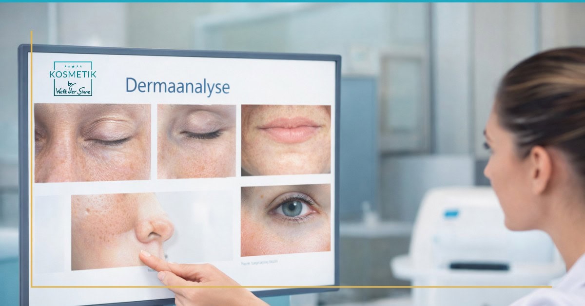 Kosmetikerin führt eine professionelle Hautanalyse durch und zeigt Hautprobleme auf einem Bildschirm zur genauen Diagnose